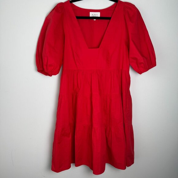 Bird & Knoll Dress Gigi Puff Sleeve Cotton Poplin Mini Red Size Small - Picture 5 of 9